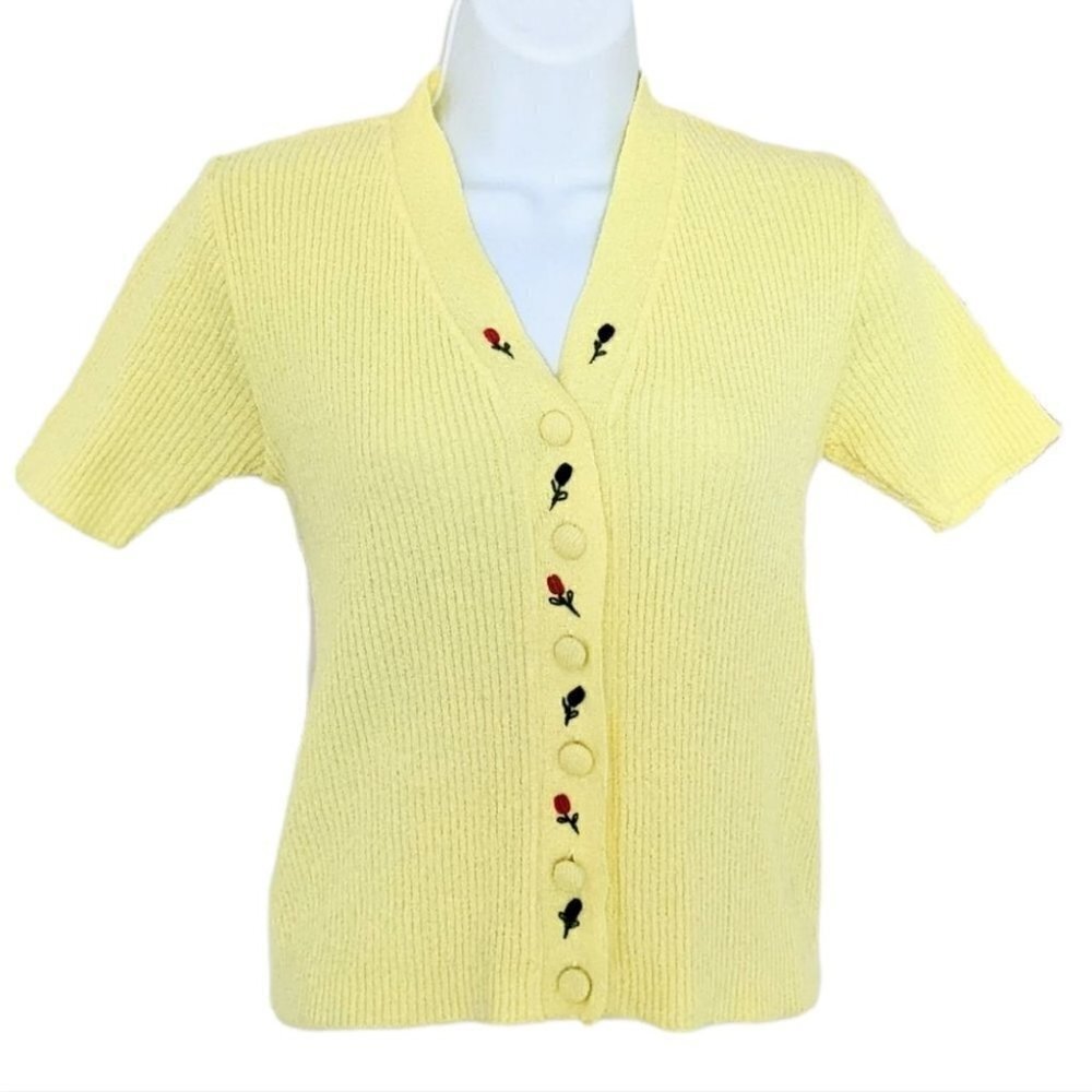 Vintage Y2K Ribbed embroidered yellow shirt top buttons Small XS @F1